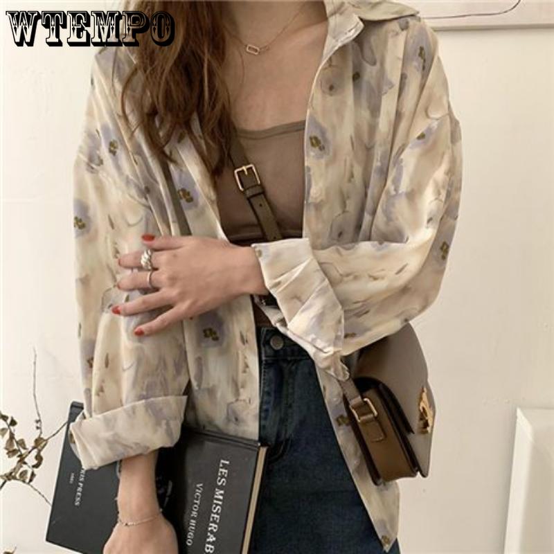 Spring and Autumn Women's Shirt Three-color Vintage Printed Chiffon Shirt Loose Lapel Oil Painting Casual Commuter Women's Top