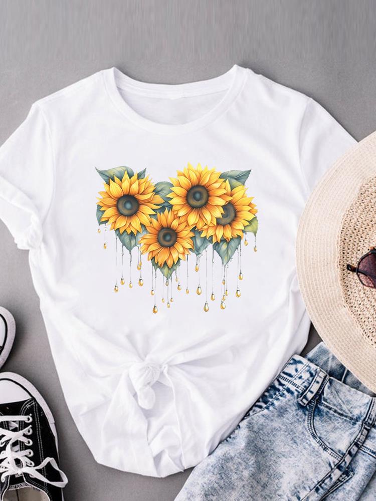 (Asian Size) flower sweet floral Women's Clothing Print Short Sleeve T-shirts Fashion Female Casual Top T O-neck Graphic Tee