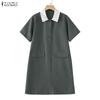 ZANZEA Womens Splice Turn Down Collar Casual Short Sleeve Dress