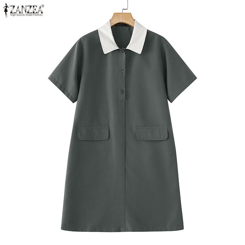 ZANZEA Womens Splice Turn Down Collar Casual Short Sleeve Dress