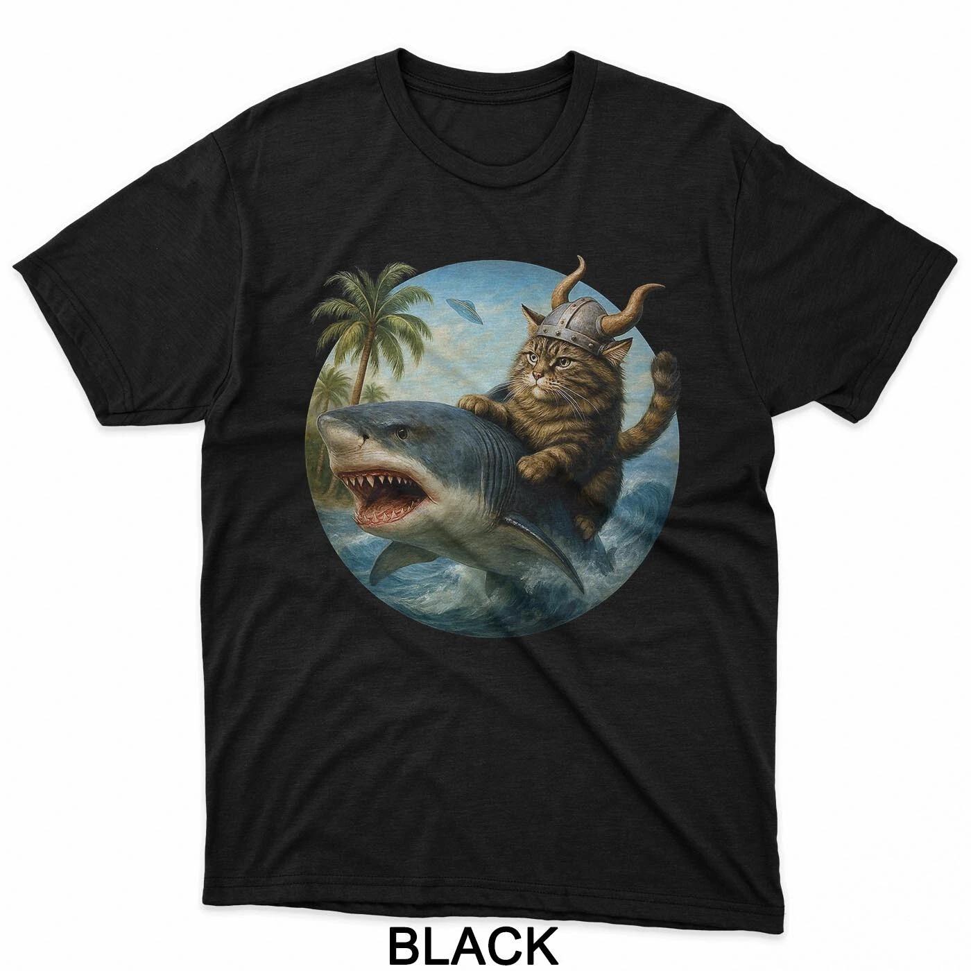 

Epic Viking Cat Surfing Shark Quirky Cat Ocean Adventure Art T-Shirt XL
