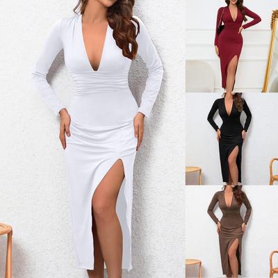 Autumn And Winter Long Skirt Sexy Hip-wrapped Slim Fit Slit V-neck Long-sleeved Dress