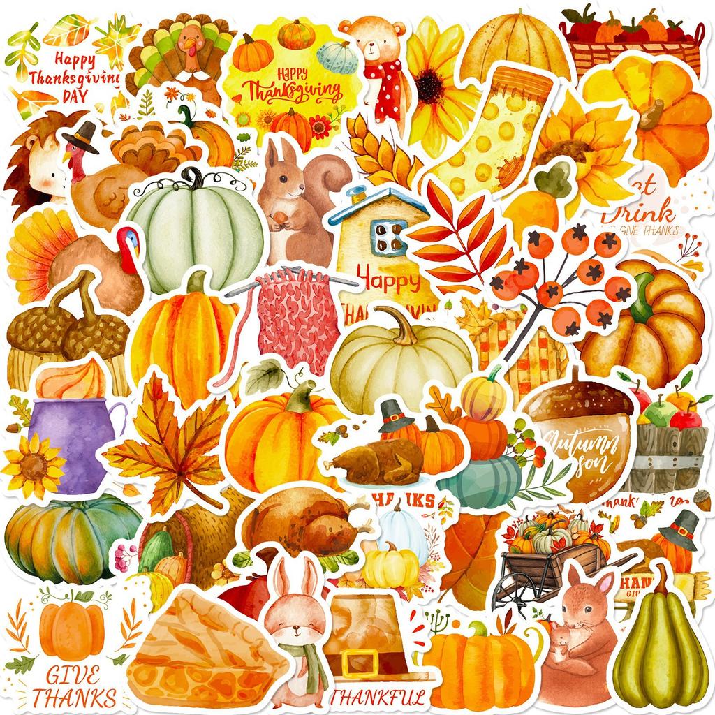 100 Thanksgiving Waterproof Stickers PP Material Waterproof No Repeatable Stickers DIY Water Cup Luggage Skateboard Refrigerator