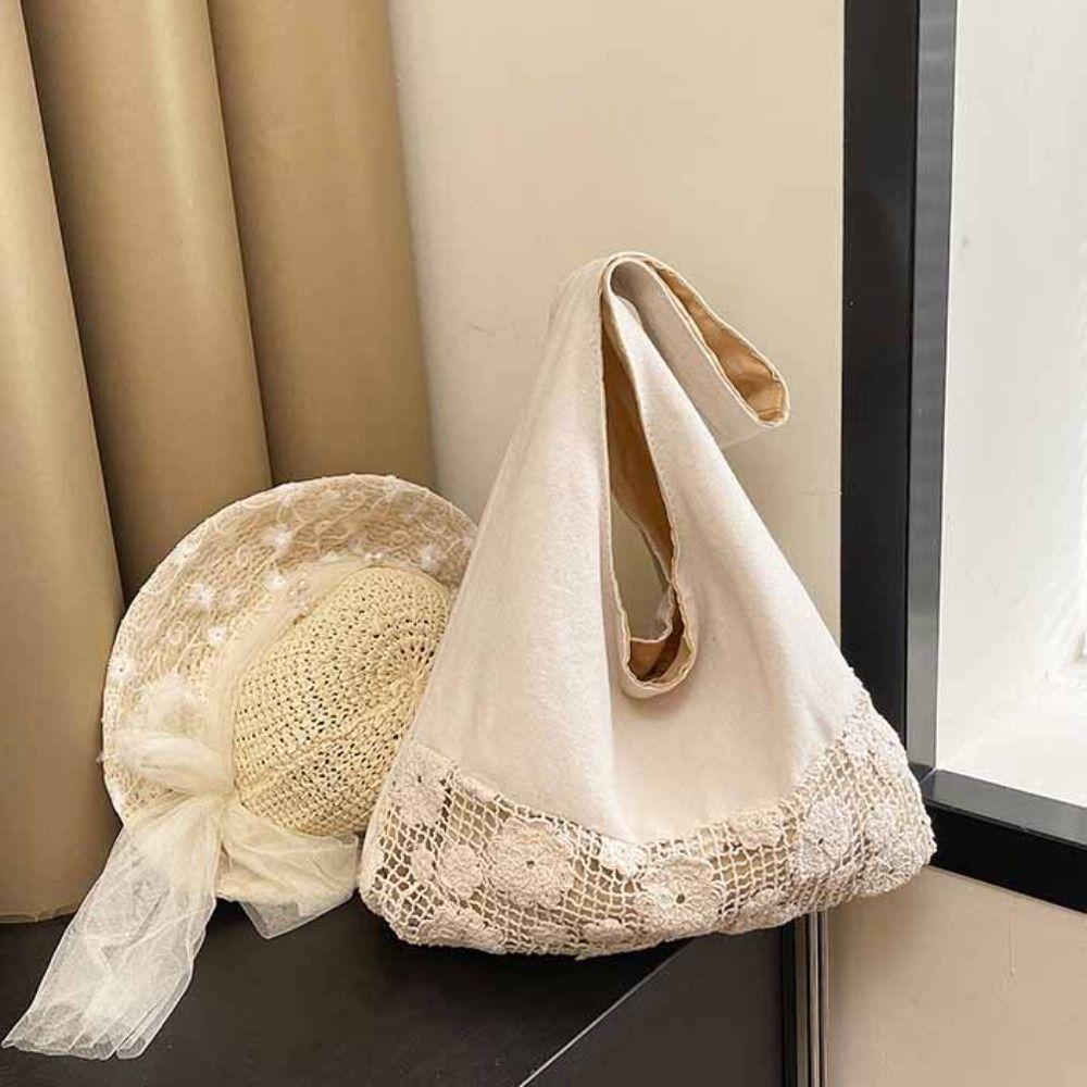 Tote Bag Flower Beach Bag Hollow Out Hollow Shoulder Bag Simple Solid Color Woven Bag  Girls