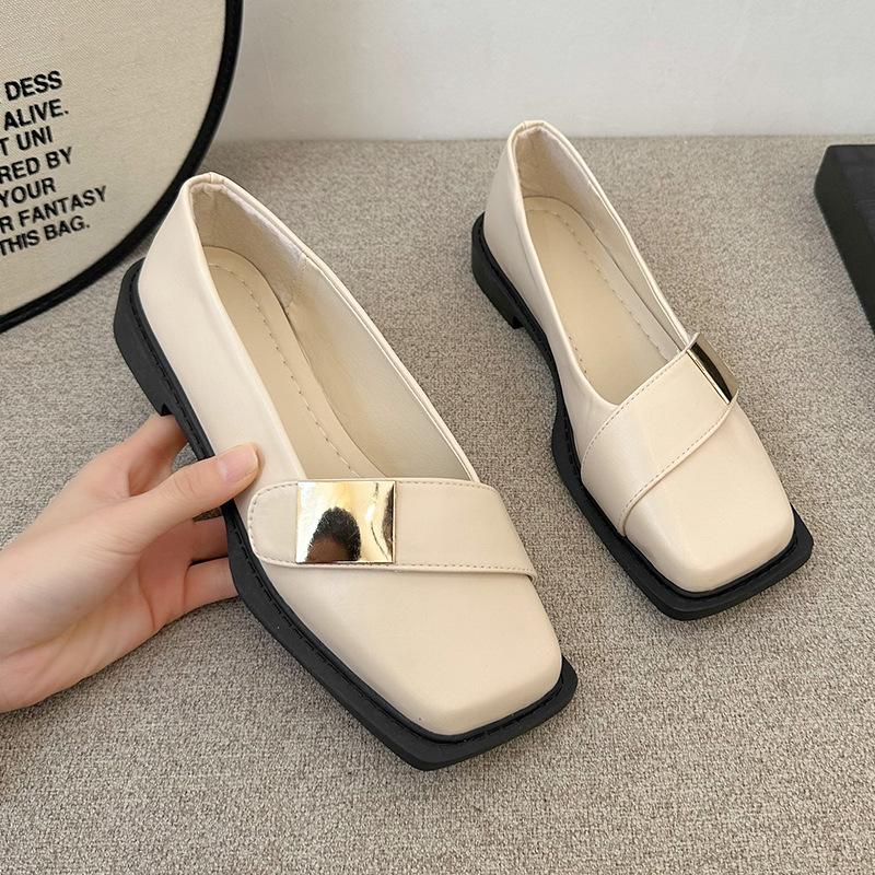 Spring and Autumn New Metal Buckle Square Head Flat Sole Single Shoes Fashion Flat Heel Soft Sole Shallow Mouth Small Leather Shoes Women's Shoes