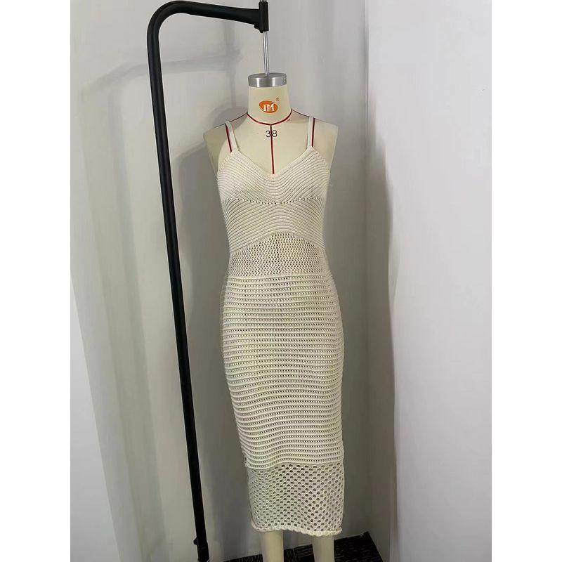 

European American Summer New Hollow Sexy Pure Color Cutout Sling Dress Sexy Hollow out Dress White XL