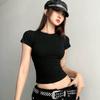 Sexy Tight Threaded T-shirt for Girls Summer Thin High Elastic Front Shoulder Crew Neck American Hottie Short Top Short Sleeve