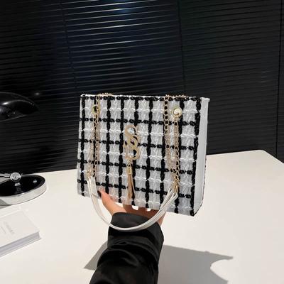 Commuter Fashion Contrasting Color Plaid Texture Chain Shoulder Bag Women'S Underarm Tote Bag