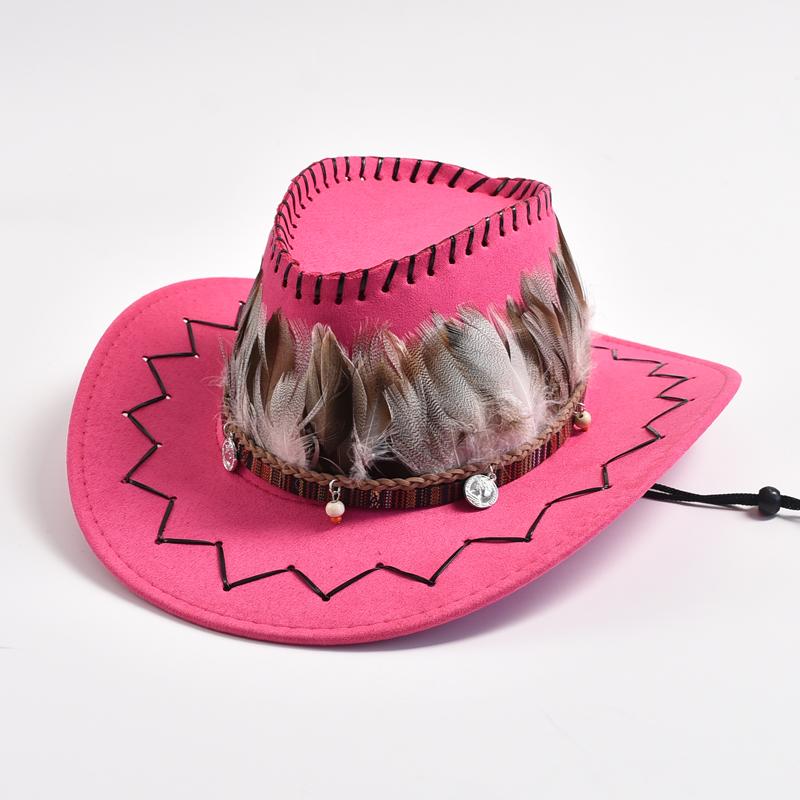 Retro Feather Western Cowboy Hats for Men Women Faux Suede Wide Brim Cowgirls Jazz Cap Outdoor Travel Sun Hat