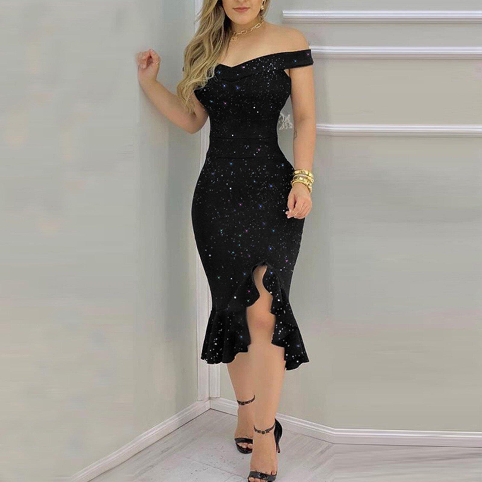 

Skinny Suspender Sexy Lotus Leaf Split Medium and Long Gold Powder Women s Dress XXL чорний
