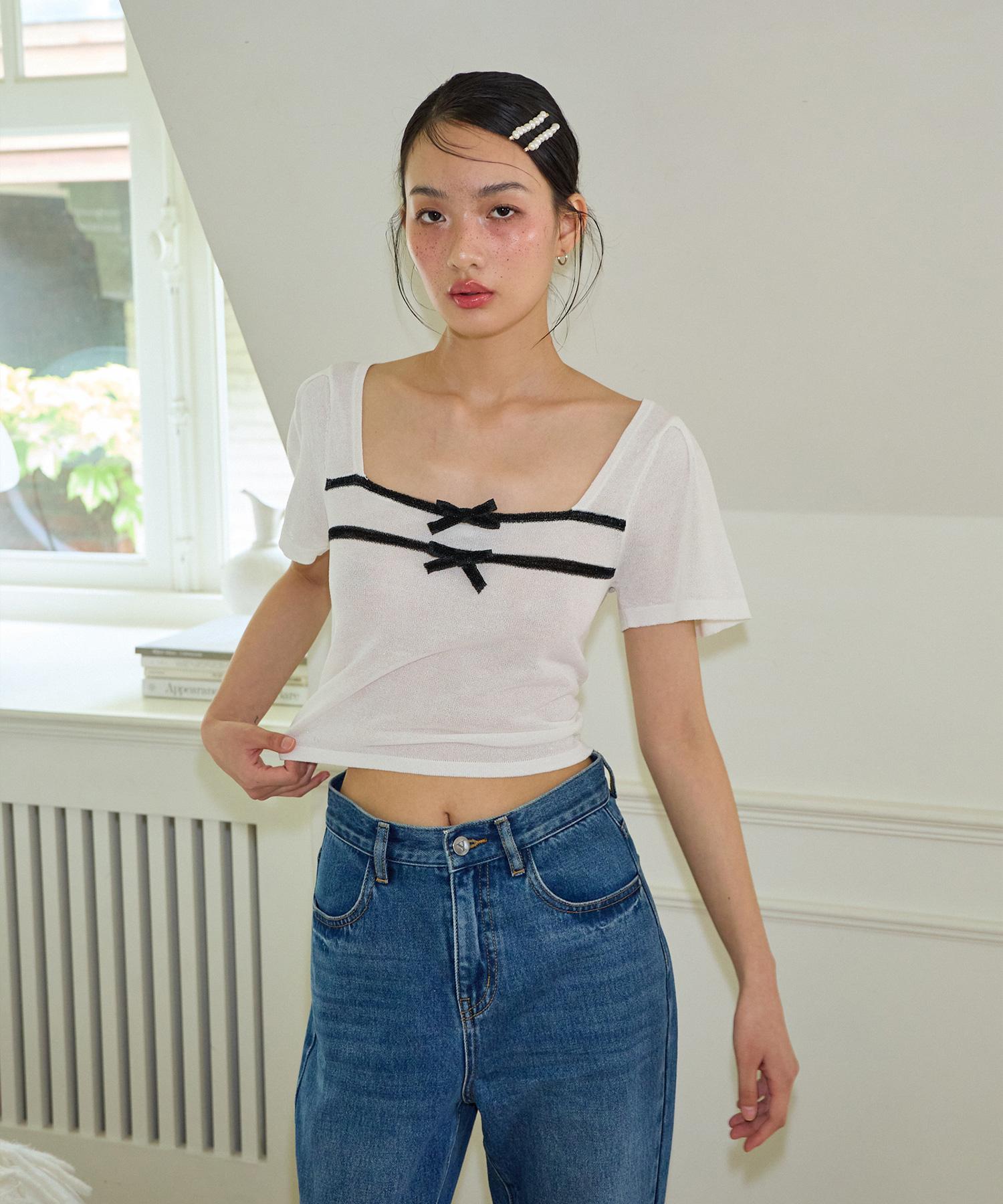 Salon De Yon Ribbon Square Neck Crop Knit_ White M
