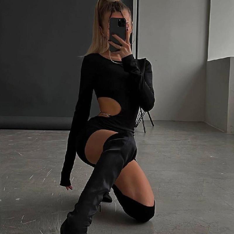 Europäisches und amerikanisches Damen-Rundhals-Langarmkleid mit sexy seitlichem Hohlrock