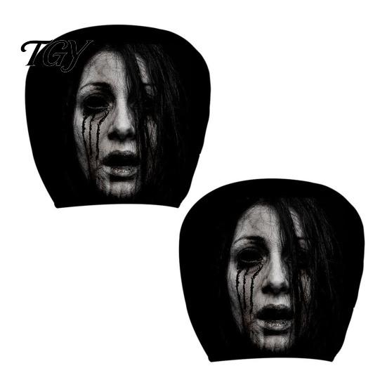 Funny Prank Car Accessories 2Pcs Ghost Face Headrest Covers, Halloween Horror Seat Decorations, Holiday Atmosphere Decor Universal Fit