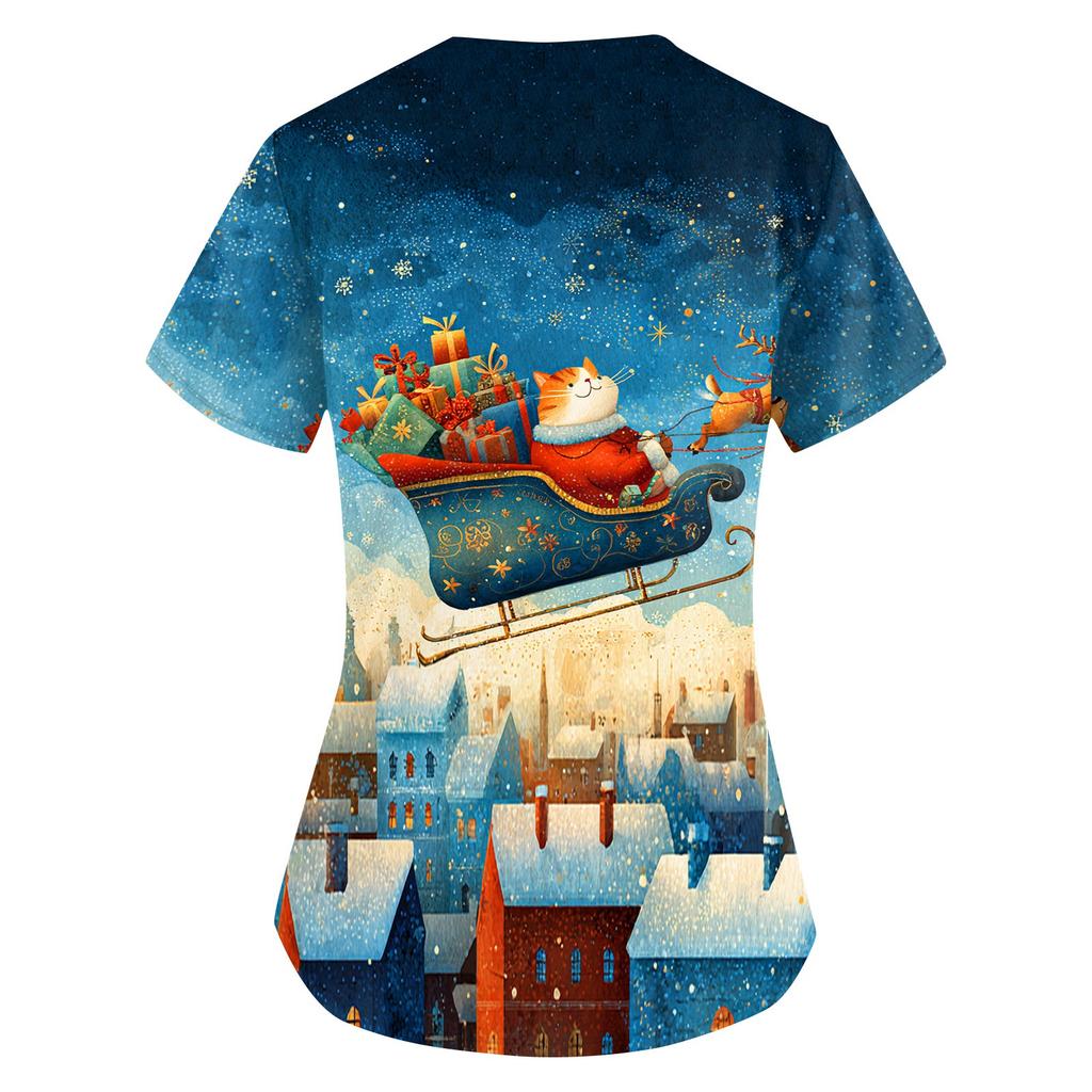 Women's Printing Uniform Work Uniform V-neck Pockets Basic Short Sleeve Pullover Top