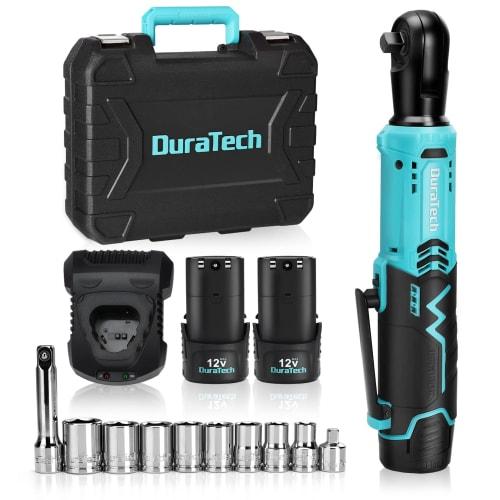 DURATECH Sada elektrického ráčnového klíče, 9,5 mm (3/8") a 6,35 mm (1/4"), 12V Akumulátorové, Dobíjecí Ráčnové Hlavy, Max. Točivý moment 65Nm, Otáčení vpřed/vzad