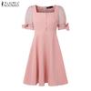 ZANZEA Women Casual Mesh Splice Short Sleeve Square Neck Summer Dress