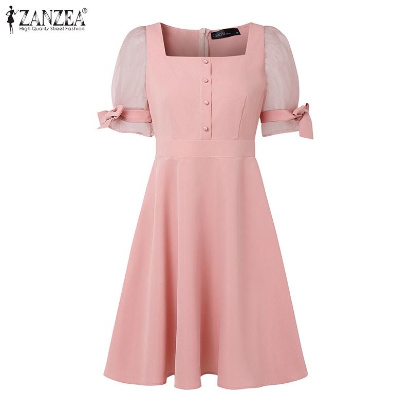 ZANZEA Women Casual Mesh Splice Short Sleeve Square Neck Summer Dress