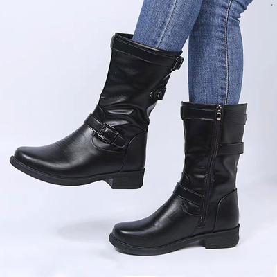 Women Buckle Mid-Calf Boots Female Low Square Heel Zipper Half Boots  Woman Fall Winter Pu Flat Shoes Black Gray Size 43