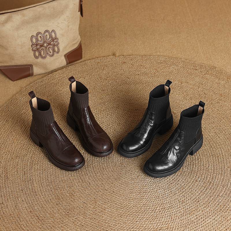 Krazing Pot Sheepskin Pleated Decoration Autumn Winter Shoes Chunky Heels Size 43 Size 42 Round Toe Slip on Retro Knit Wear Ankle Boots