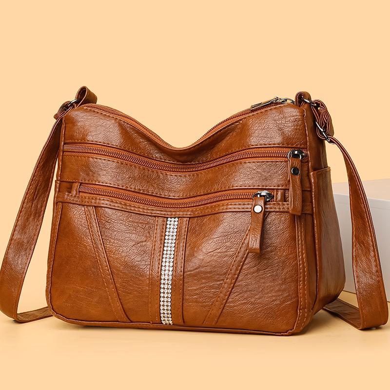 Odinė kryžinė rankinė su daug kišenių moterims, vintažinė, skirta kasdienai, ant peties, vidutinio amžiaus mamai, tinkama kasdieniam važiavimui į darbą, darbui, apsipirkinėjimui