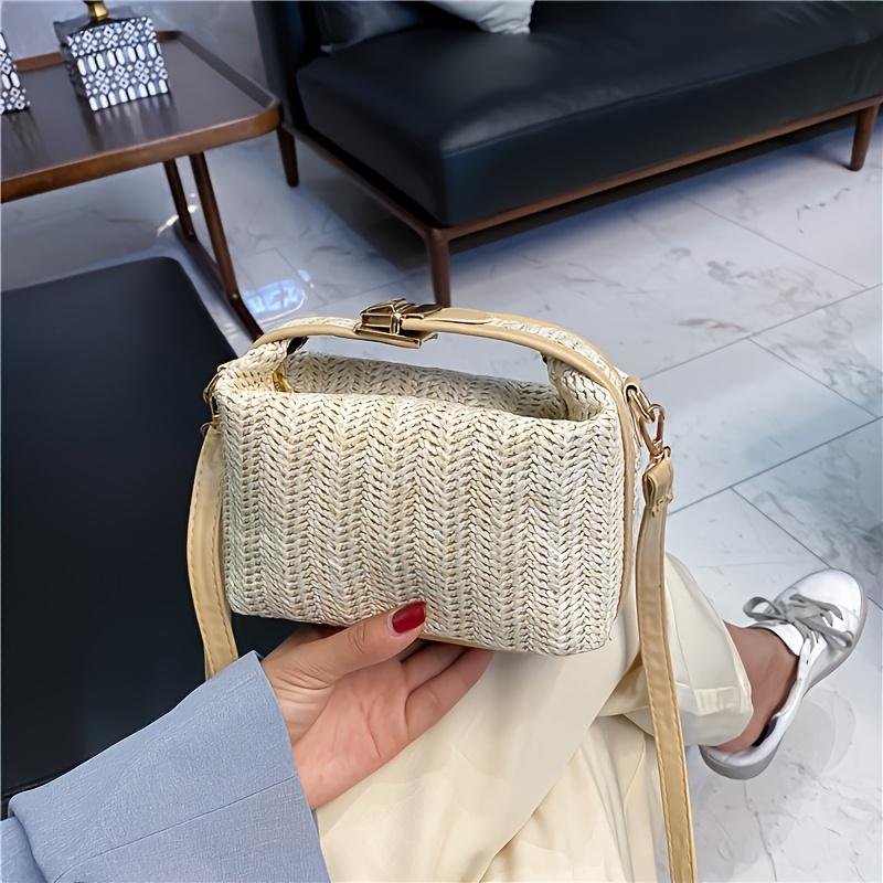 Women's Chic Woven Straw Crossbody Bag Multifunctional Shoulder Bag with Zip Closure, Beige and Brown Design, Suitable for Spring/Summer