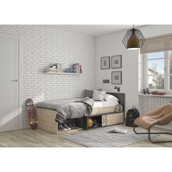 GAMI Erquy Children's Bed with Storage - Light Kronberg Oak and Black Decor - 90 X 200 Cm
