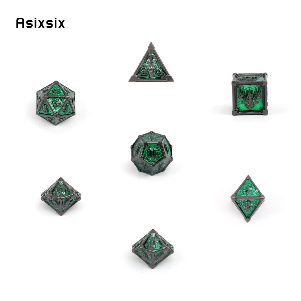 7 Pcs Black Green Skull Metal Dice Solid Metal Polyhedral Dice Set Suitable for Role-Playing RPG Board Game Card Game