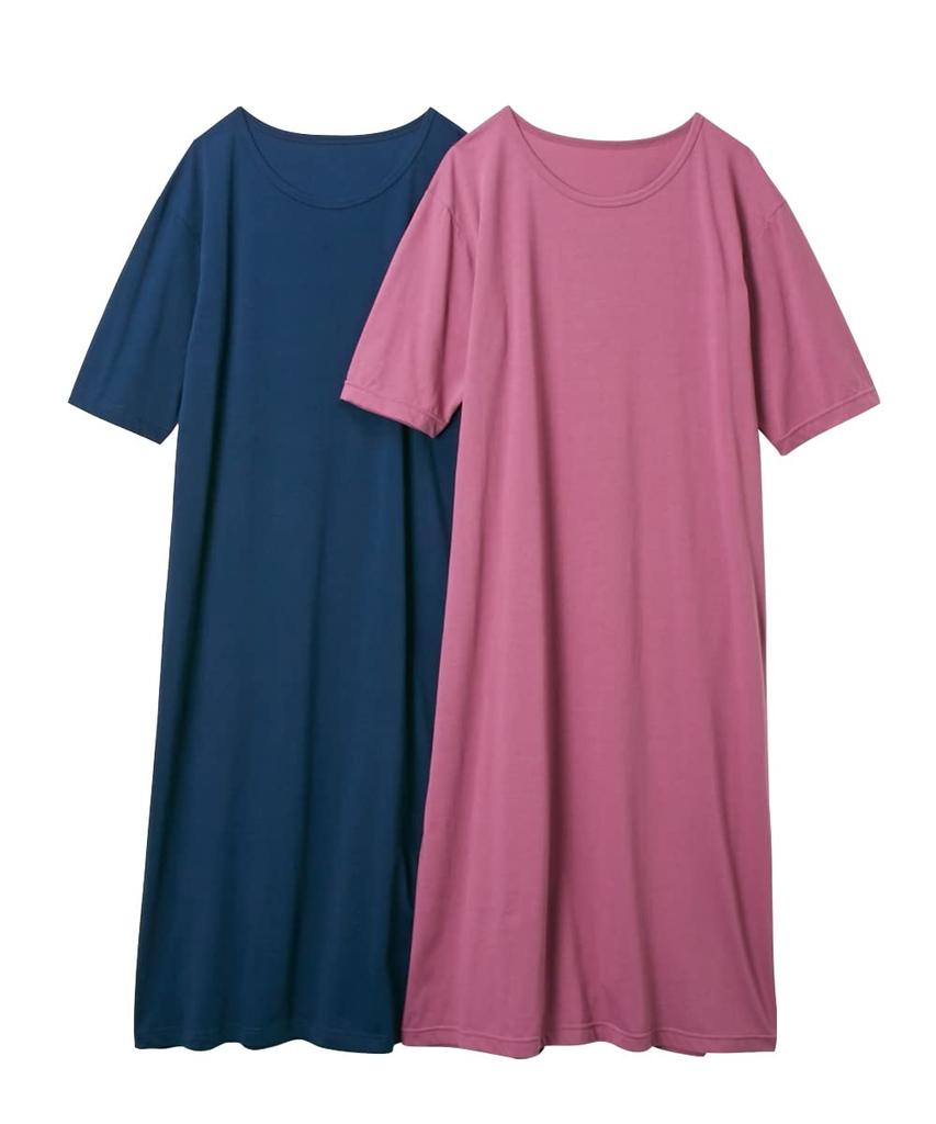 Pajamas and loungewear room cotton loose sleeve room navy LL [Nissen] tops, 3-second dress, 2-piece set, blend, fit, 5/8 dress, + raspberry,
