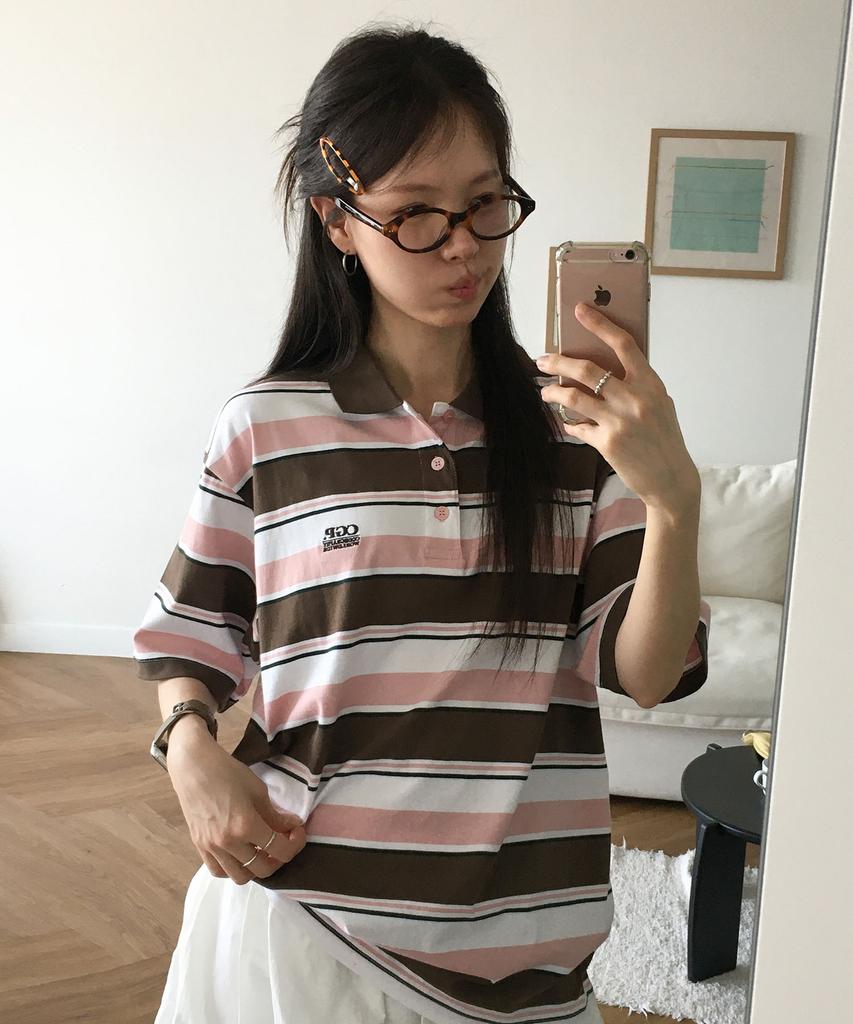 CGP Multi-Stripe Short-Sleeve Collared T-Shirt - Brown