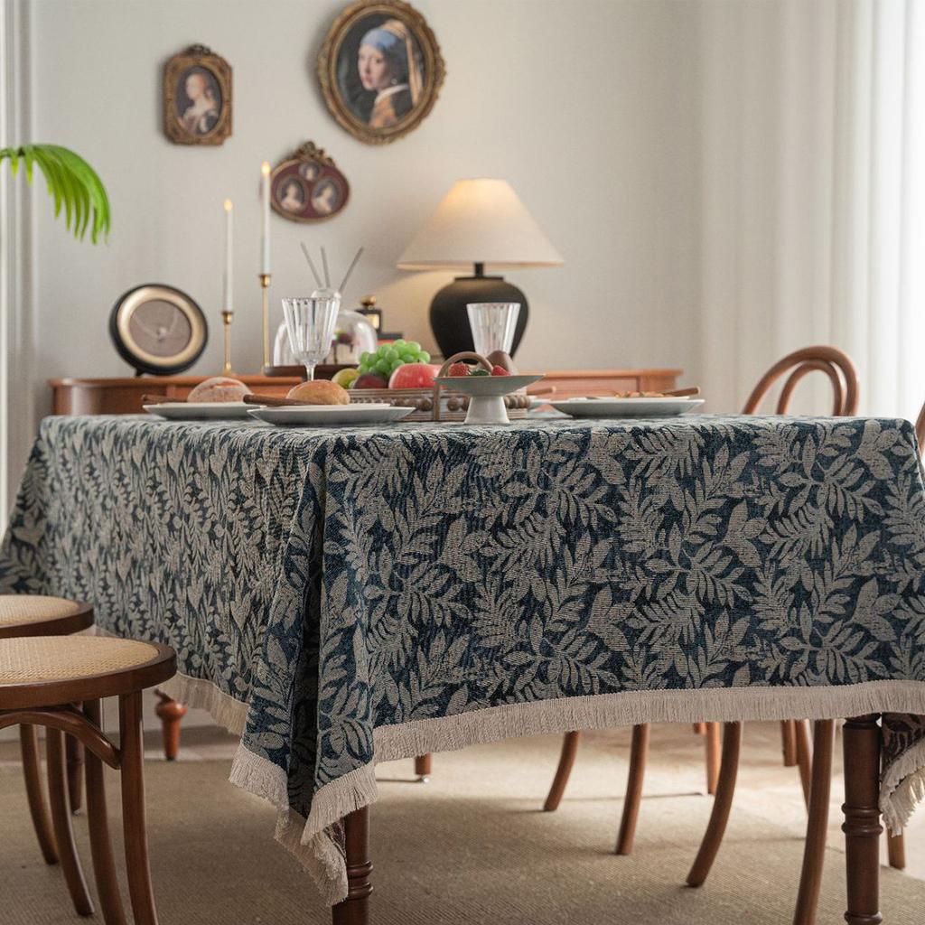 Kitchen Dinning Wrinkle Free Soft Fabric Rectangle Table Cloths with Tassels
