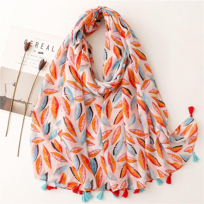 "Bali Yarn Cotton-Linen Scarf: Fresh Solid Color, Fruit Green & Bright Yellow Leaf Print with Tassel Detail"