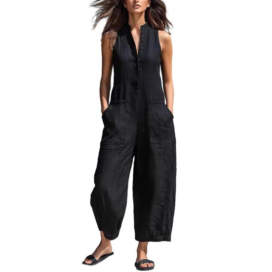Women's Summer Sleeveless Jumpsuit Button Up Stand Collar Loose One Piece Overalls Casual Wide Leg Long Pants Rompers with Pockets