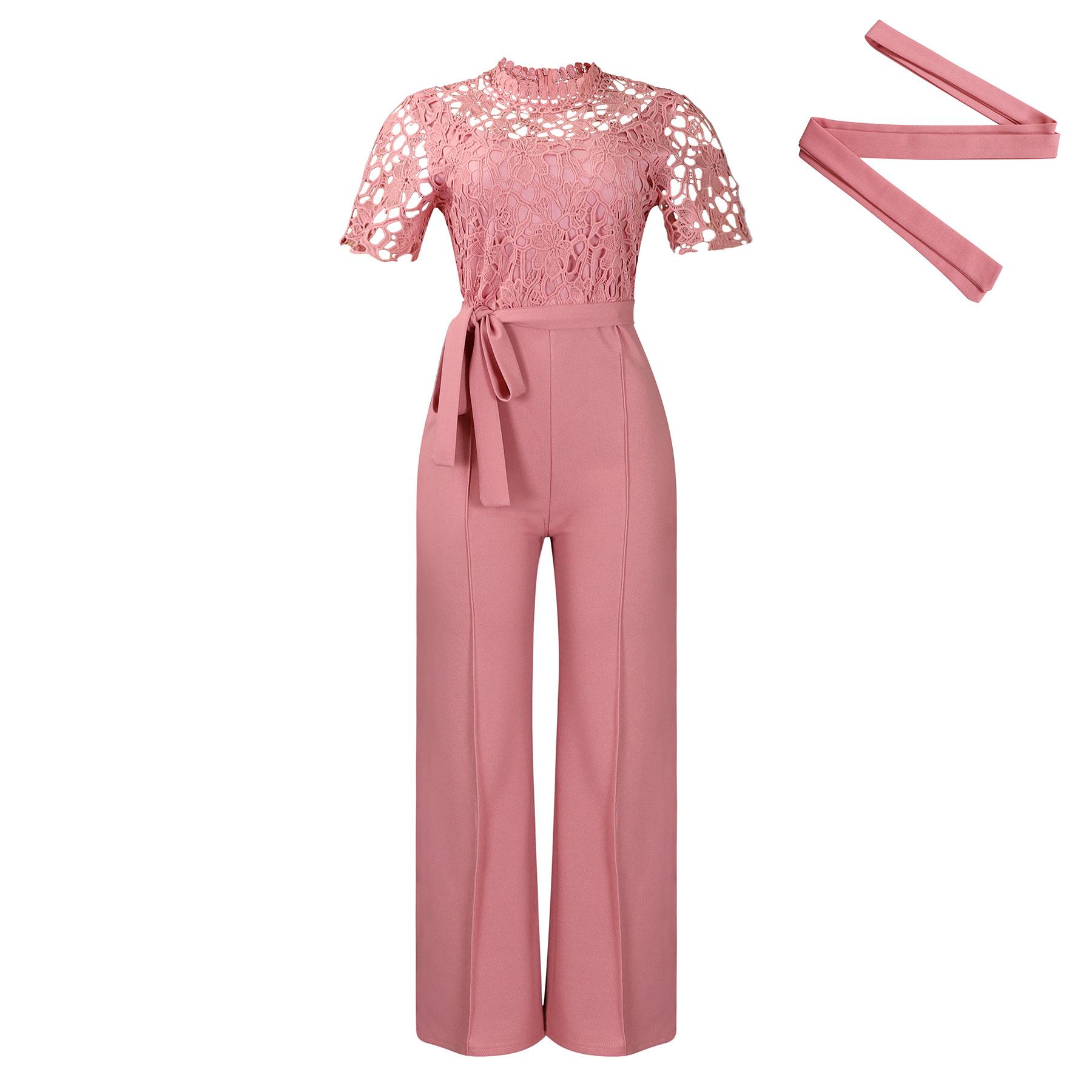 New sexy lace trim hollow-out short-sleeve women s high-waisted wide-leg jumpsuit with straps S розовый