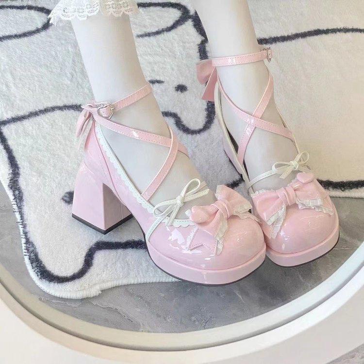 

Милые и симпатичные туфли на высоком каблуке, маленькие кожаные туфли 2025 года, японские туфли Мэри Джейн в стиле колледжа с бантом на толстой подошве для женщин 35 розовый
