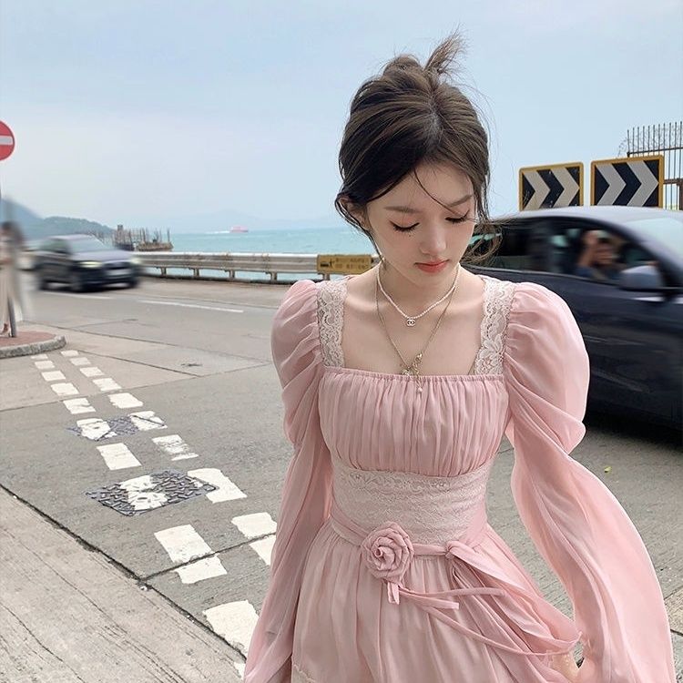 Spring Lace Square Neck Fairy Dress Elegant Waist-Cinching Slim-Fit Chiffon Long Skirt Beach Dress