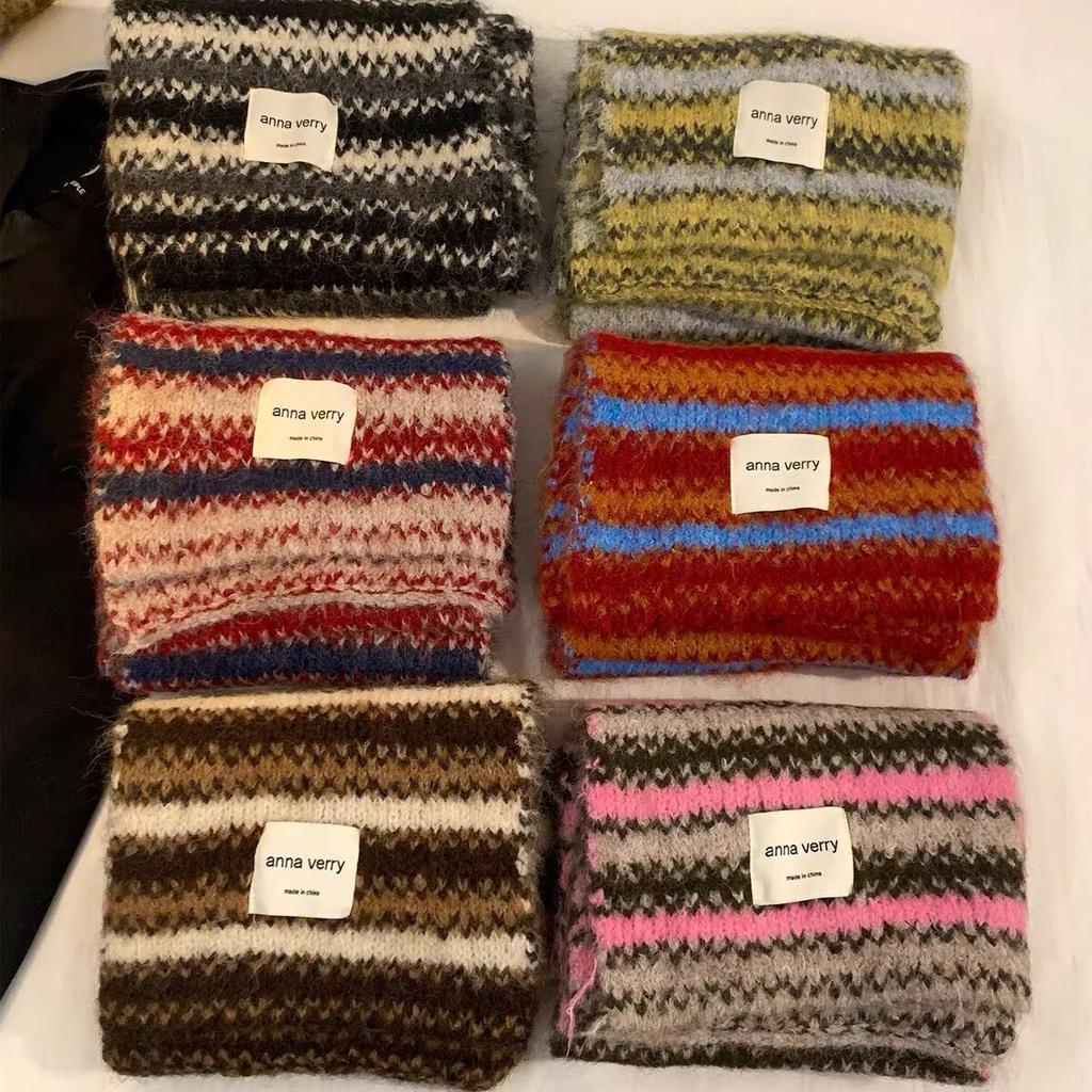 Knitted scarf with Korean autumn and winter atmosphere, women's velvet soft waxy stripes, cold-proof and warm, couple scarf men