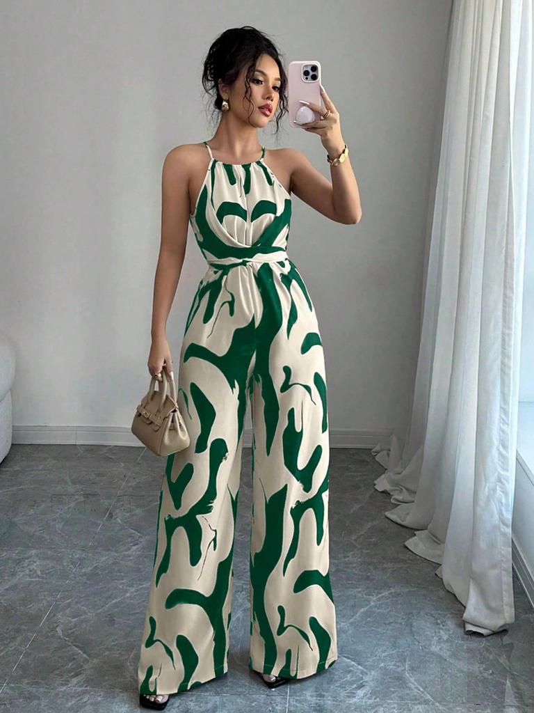 Women's 2025 Plus Size Black & White Milk Pattern Wide-leg Tie-up Halter Jumpsuit