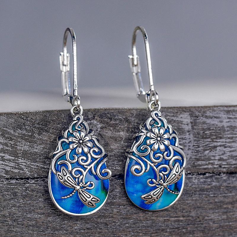 Retro water drop earrings for women, ethnic style stickers with cheongsam earrings, hollowed out dragonfly flower ear buckles