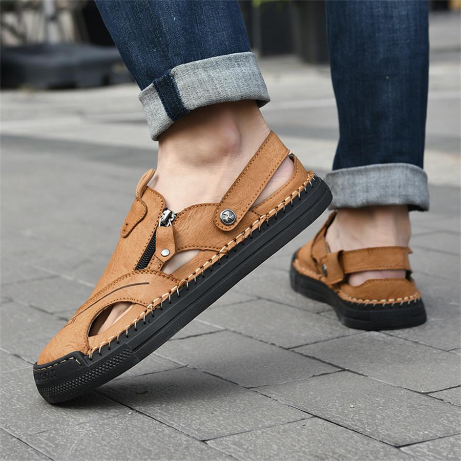 Anti-collision Toe Summer Shoes Leather Mens Sandals Outdoor Walking Sandals for Men Non-Slip Loafers Hollow Out Man Beach Flats