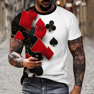 Módní oslnivý cool 3D tisk pokerové tričko se vzorem prvků pro muže velká velikost s volným výstřihem do O, krátkým rukávem, pánské topy