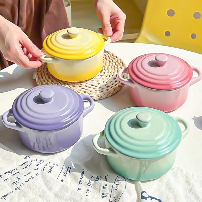 Gradient Ceramic Underglaze Stew Pot with Lid - Double Ear Bowl for Soup, Stews, or Steamed Eggs