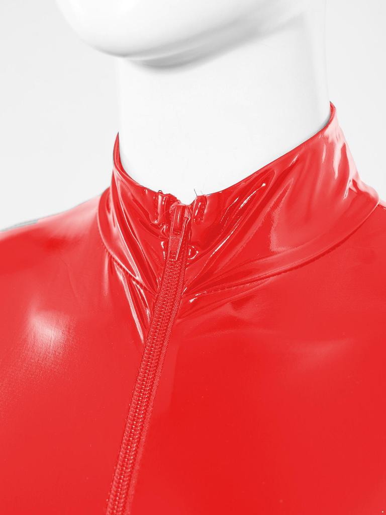 Mens Long Sleeve Bodysuit Jumpsuit Stand Collar Patent Leather Shiny Catsuit Party Clubwear