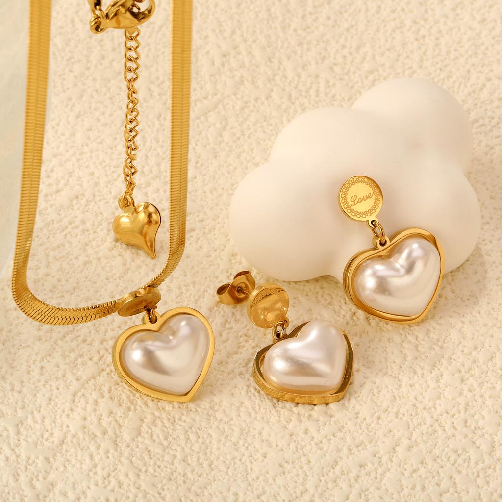 LUXUSTEEL Heart Shaped Pendants Necklace Earring Sets Imitaiton Zircon For Women Girl Stainless Steel Chain Necklace Zircon Gift