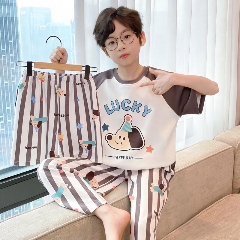 Cotton 3-Piece Pajama Set Boys Lightweight Short Sleeve Sleepwear Cartoon Print Home Wear Ages 8