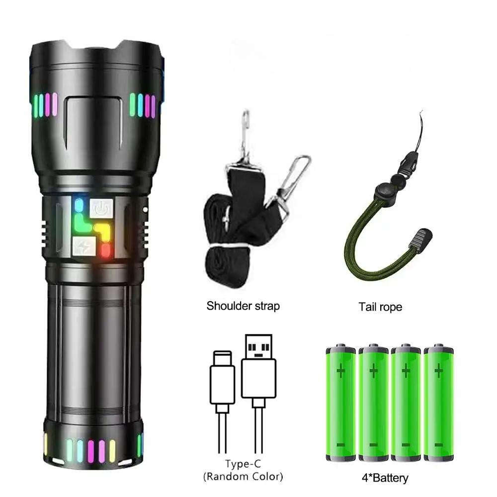 High Power LED Flashlight Zoomable Type-C Rechargeable Torch Lamp Long Range Ultra Powerful Flashlight Camping Lantern