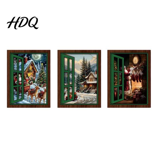 Christmas Fridge Magnet 3Pcs Light-up Window Magnet Wooden Fake Refrigerator Magnets with LED Light Magnetic Decoration for Holiday Party