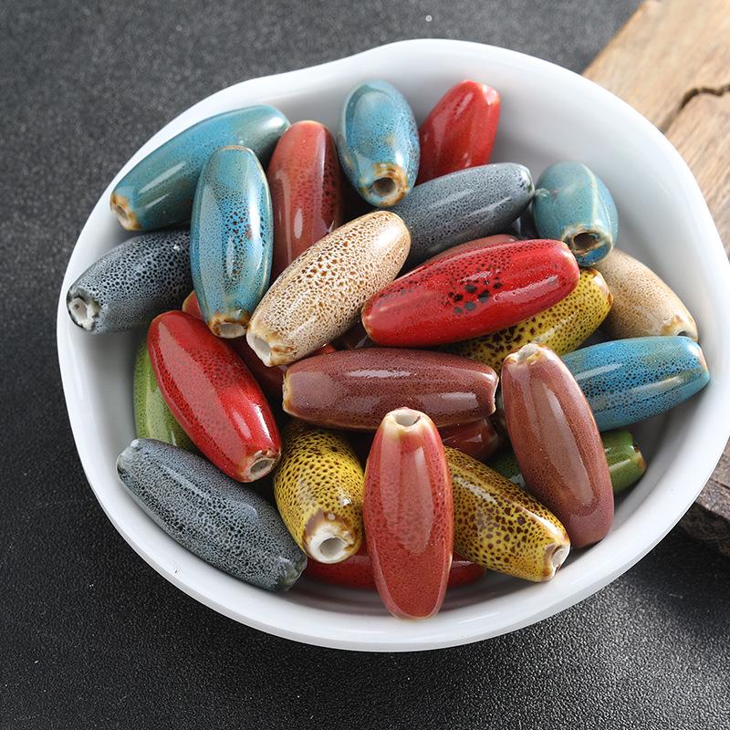 Large Oval Ceramic Beads for DIY Jewelry: Flower Glaze, Retro Straight Hole, Ideal for Bracelets and Necklaces.