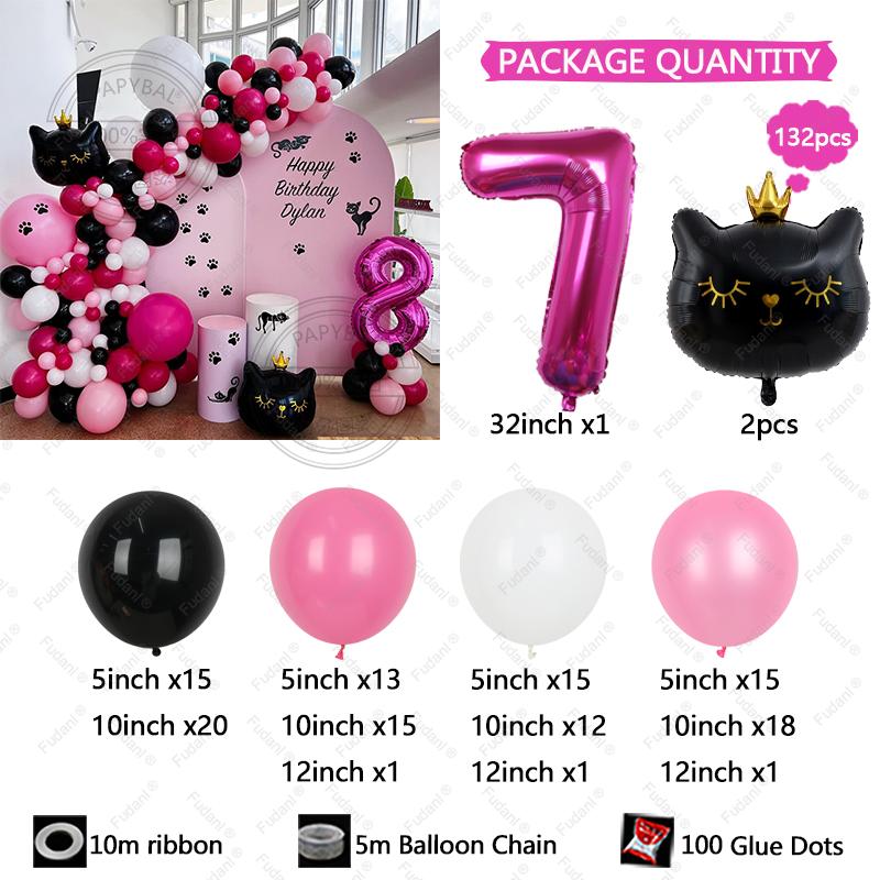 132pcs Black Cat Crown Foil Balloons Arch Kit Happy Birthday Party Decorations 32inch Digit Kids Girl Boy 1-9 Years Old Supplies