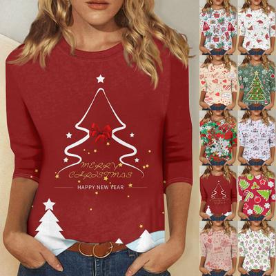 Damenmode Lässiges T-Shirt mit sieben Ärmeln und Weihnachtsdruck, Rundhalsausschnitt