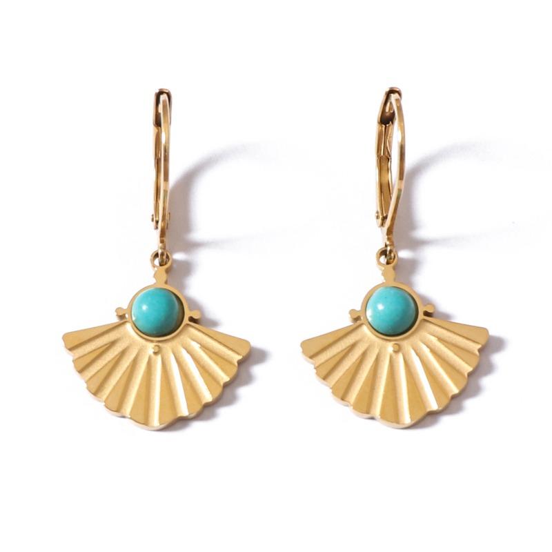 French Retro Fan-shaped Fishtail Earrings for Women Inlaid with Natural Stone Stainless Steel Electroplated Thick Earrings